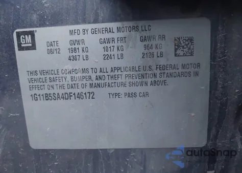 2013 Chevrolet Malibu 1Ls from USA, damaged, VIN 1G11B5SA4DF146172